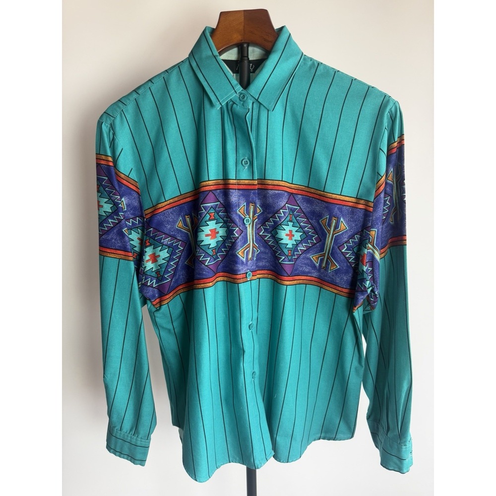 Vintage Western Aztec Button Down 1990s Cowboy Turquoise Brush Popper Style